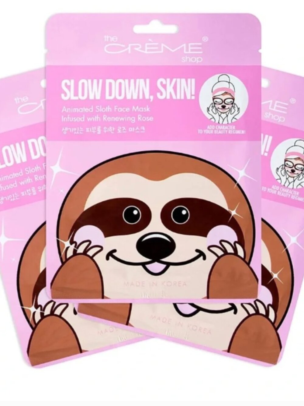 The Crème Shop “Slow Down, Skin!” Sloth Face Mask – 3 Pack Renewing Rose